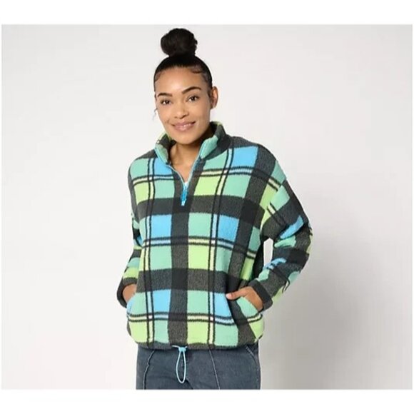 Belle by Kim Gravel Mad for Plaid Sherpa Half Zip Bungee Tie Blue/Lime L A667137 - Picture 1 of 1